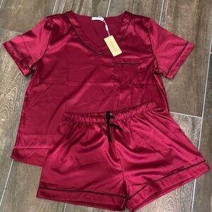 Elegant Burgundy Satin like Pajama Set New